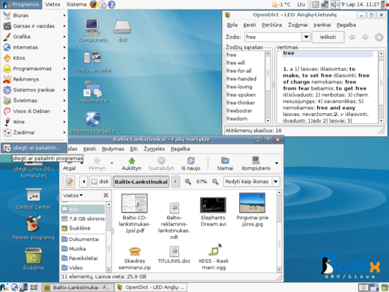 Baltix GNU/Linux sistemos standartinė išvaizda, paleista žodynų bei failų tvarkymo programos